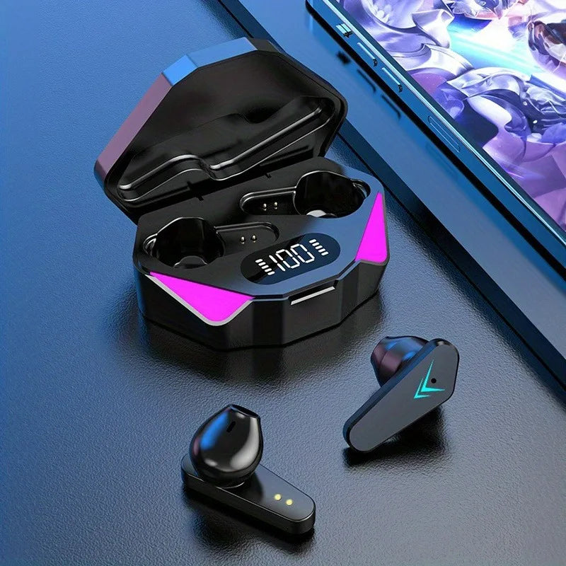 Veltora TWS wireless Bluetooth gaming earbuds with LED display, built-in mic, noise cancelling, and earphone design.