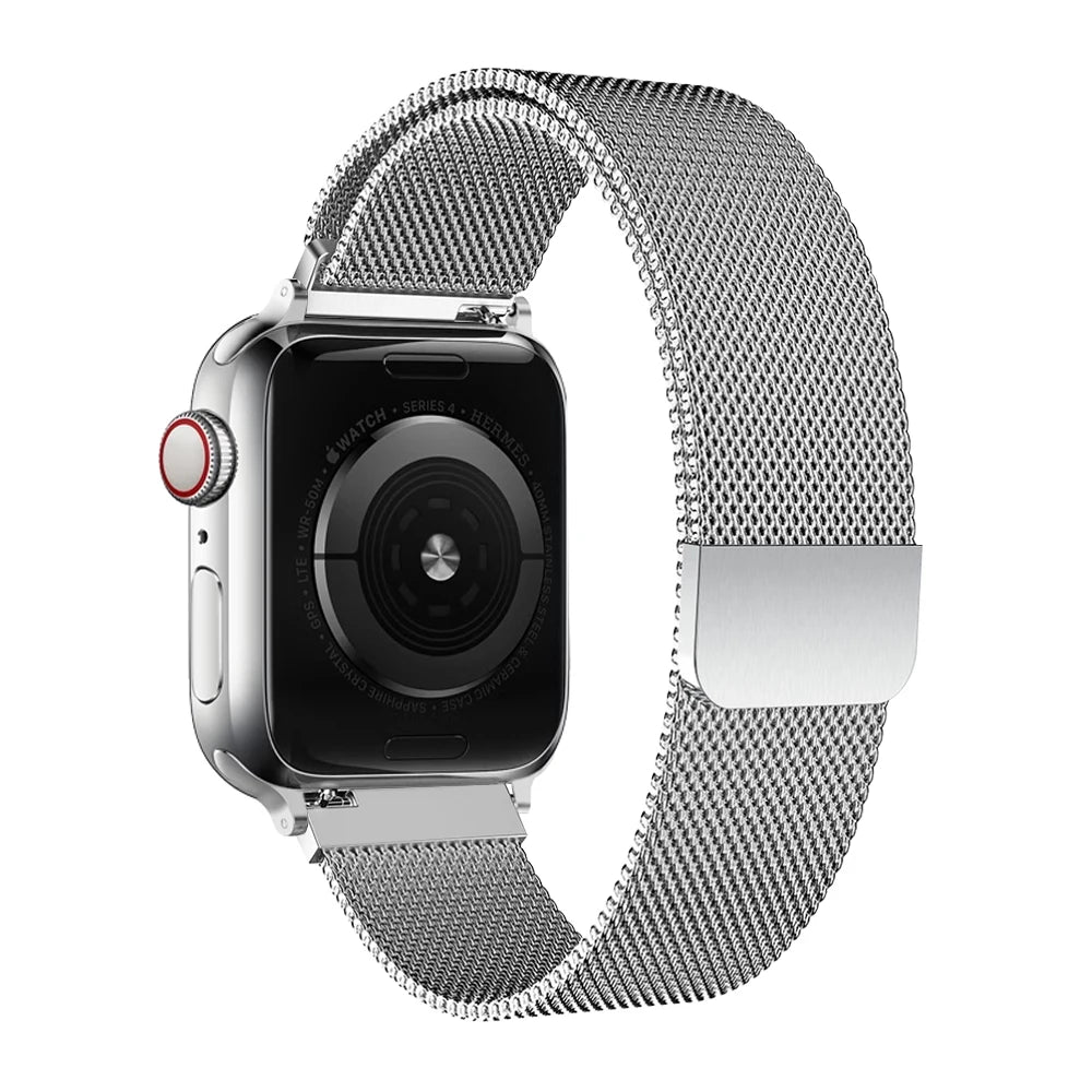 Veltora Milanese strap for Apple Watch Ultra and Series, stainless steel bracelet in silver for 38mm to 49mm models.