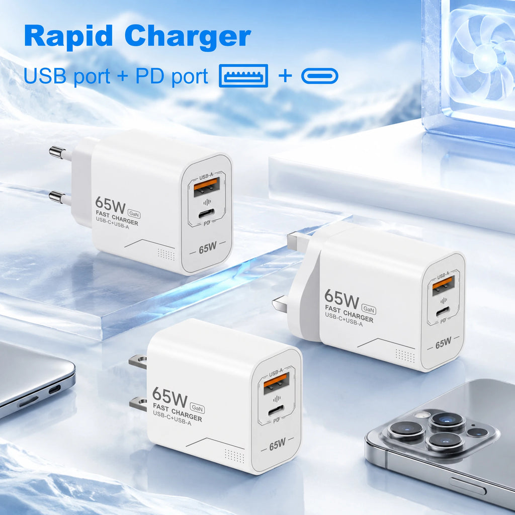 Veltora 65W GaN USB C charger with 2 ports, fast charging power adapter for iPhone, Samsung, Xiaomi, EU/US plug wall charger