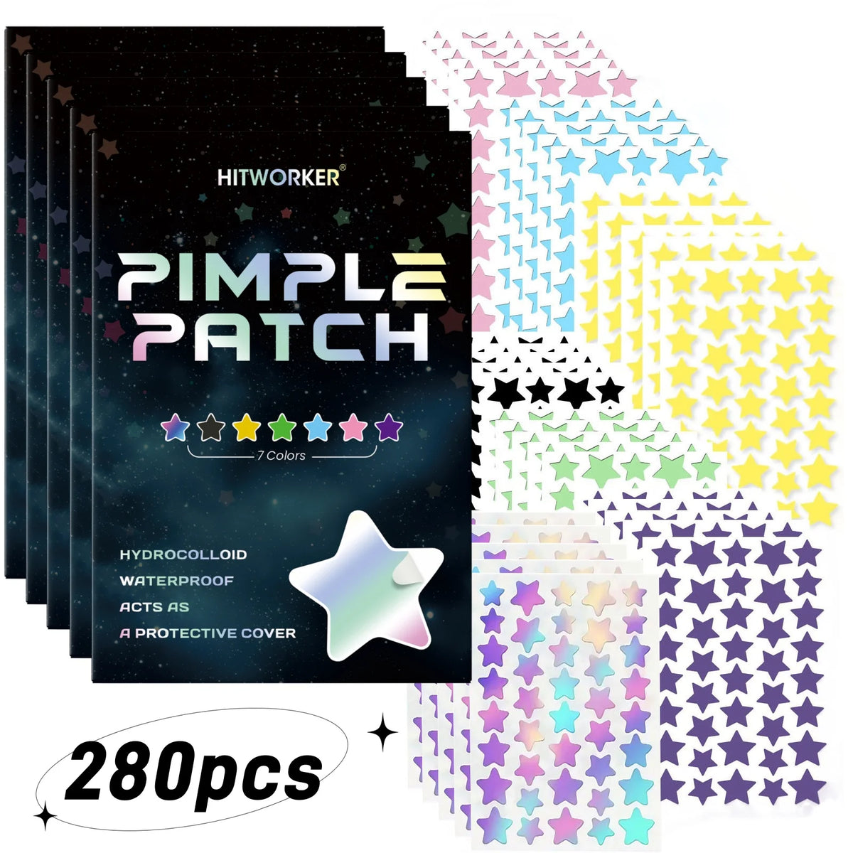 Veltora 1680 Pimple Patch set with 280 star-shaped multi-color acne concealer patches on a white background