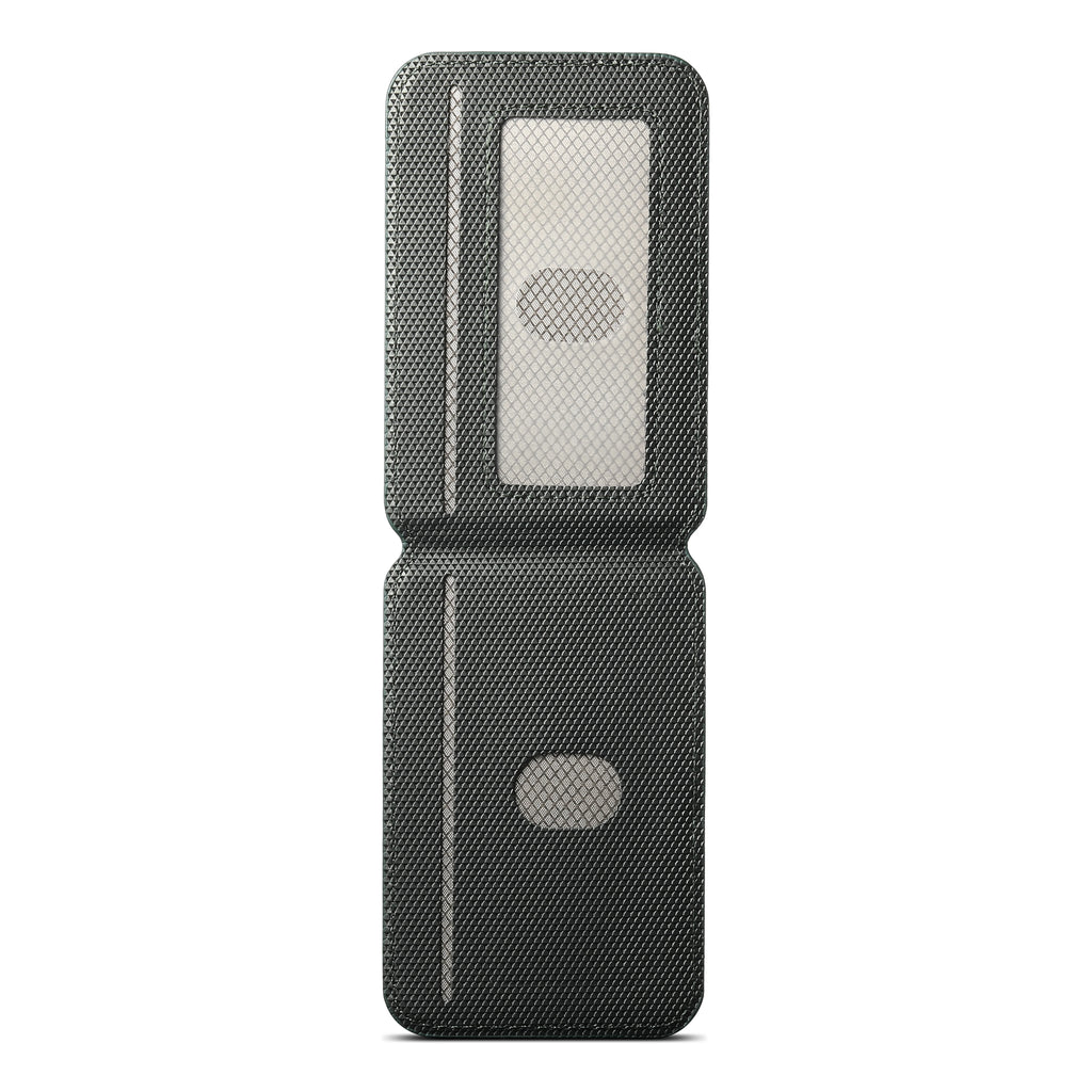 Veltora luxury leather wallet card holder with slim geometric design for iPhone and Samsung Galaxy MagSafe accessories.