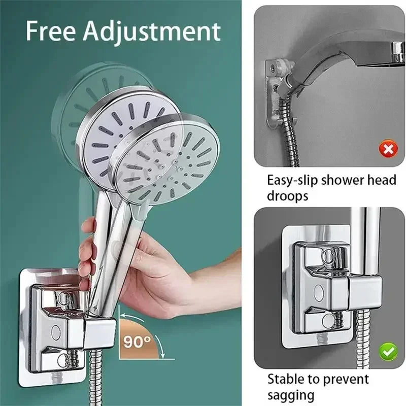 Veltora adjustable wall-mounted shower head support with adhesive pad, portable and easy-to-install bathroom accessory.