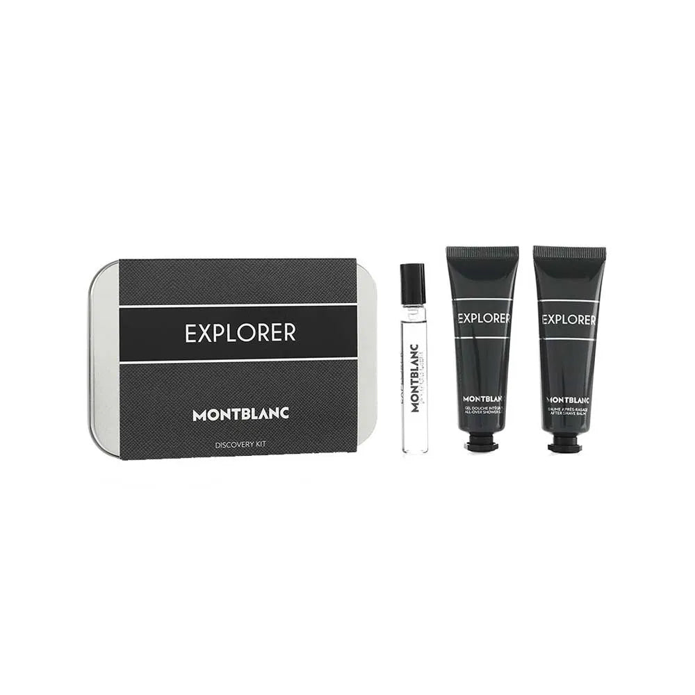 Mont Blanc Explorer 3-piece set by Veltora including fragrance bottles and packaging, elegant and stylish for men.