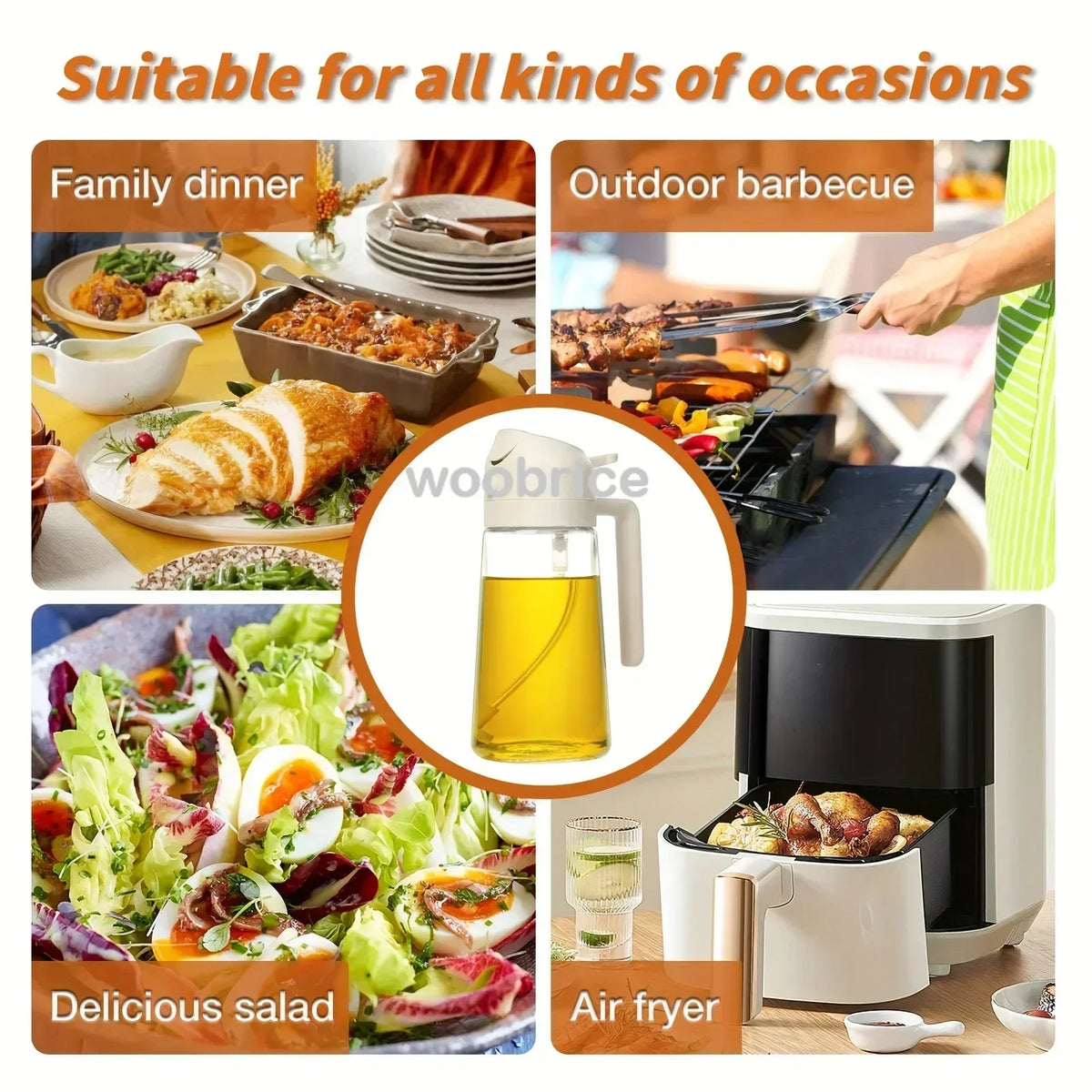 Veltora 2-in-1 kitchen spray oil dispenser and brush for air fryer, salad, grilling, roasting, and cooking tasks.