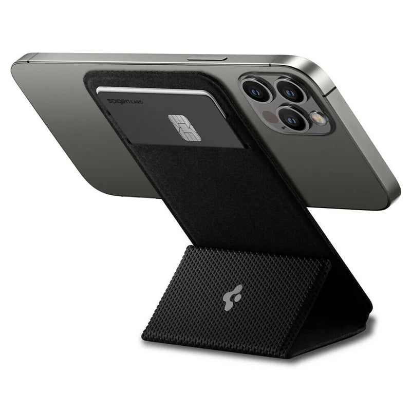 Veltora Spigen Smart Fold MagSafe card holder for iPhone 12-17 Pro Max with folding bracket and card storage, attached to iPhone.