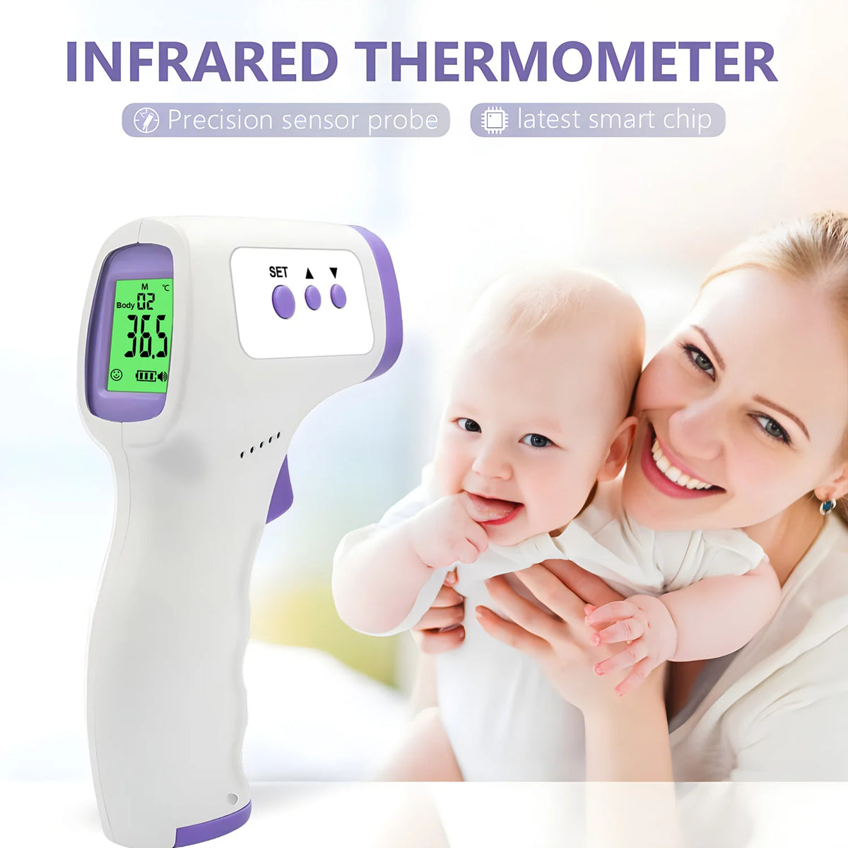 Veltora digital infrared forehead thermometer and portable finger pulse oximeter showing display screen with readings