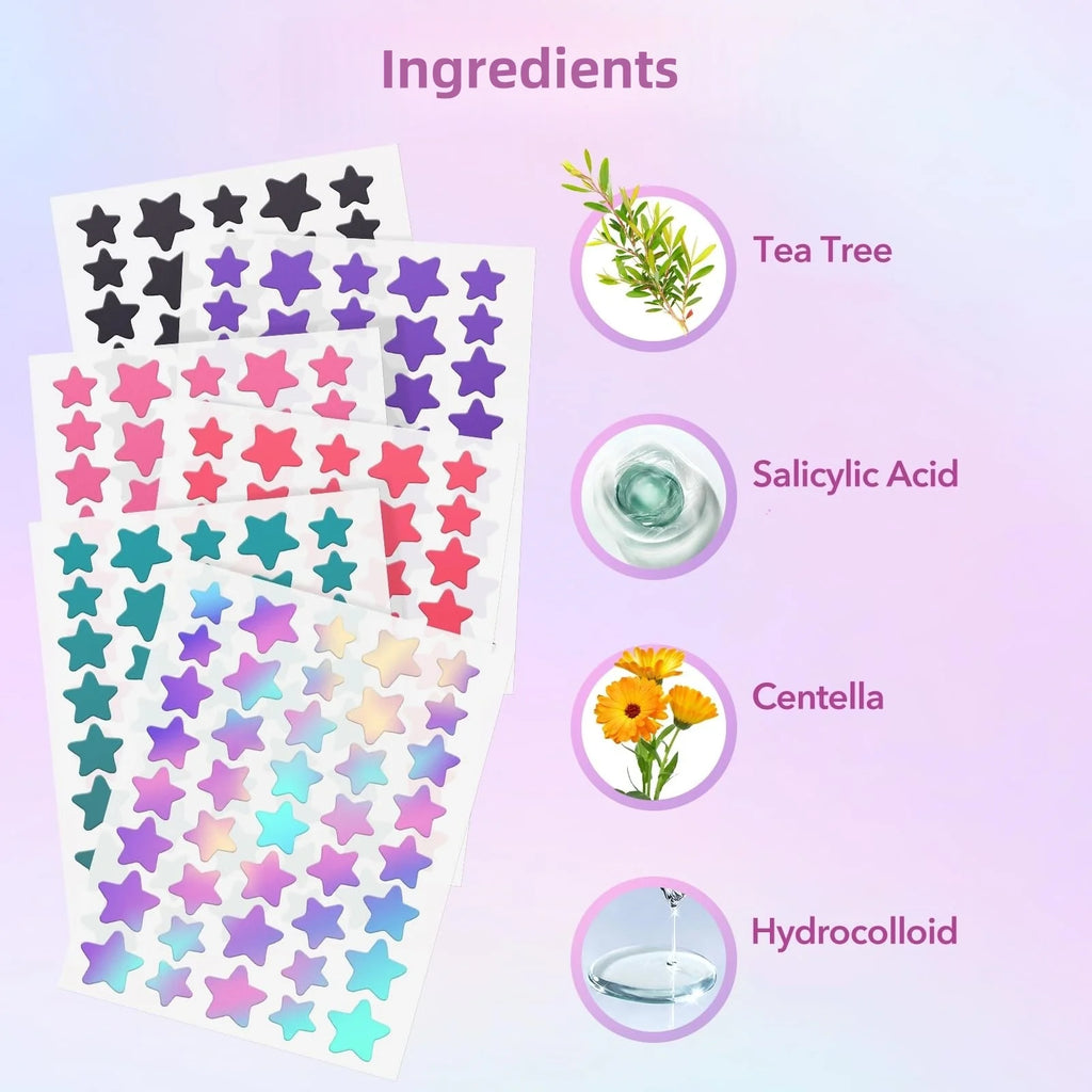 Veltora 1680 Pimple Patch with star-shaped multi-color concealer patches covering acne and blemishes on skin
