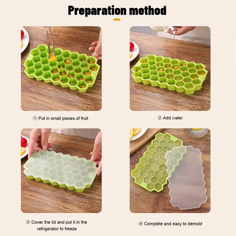 Veltora honeycomb 37-lattice cube tray maker without lid for DIY ice cubes, showing the plastic mold with multiple hexagonal cavities.
