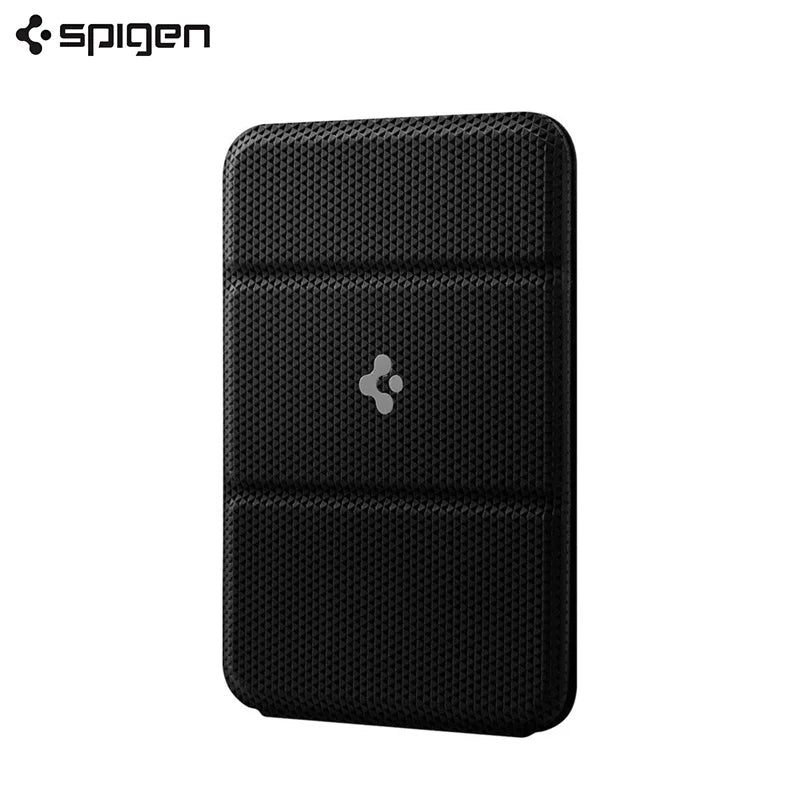 Veltora Spigen Smart Fold MagSafe card holder attached to an iPhone 14 Plus, showing folding bracket and card storage features.