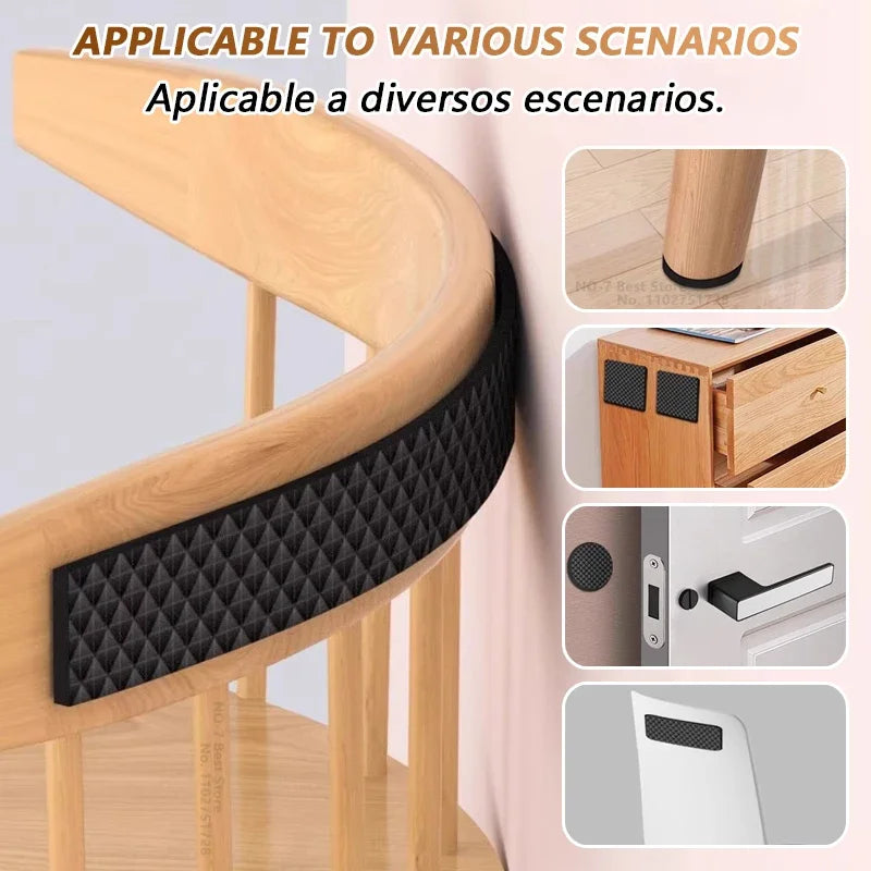 Veltora non-slip furniture pads with self-adhesive rubber protectors on chair and table legs, preventing floor scratches.