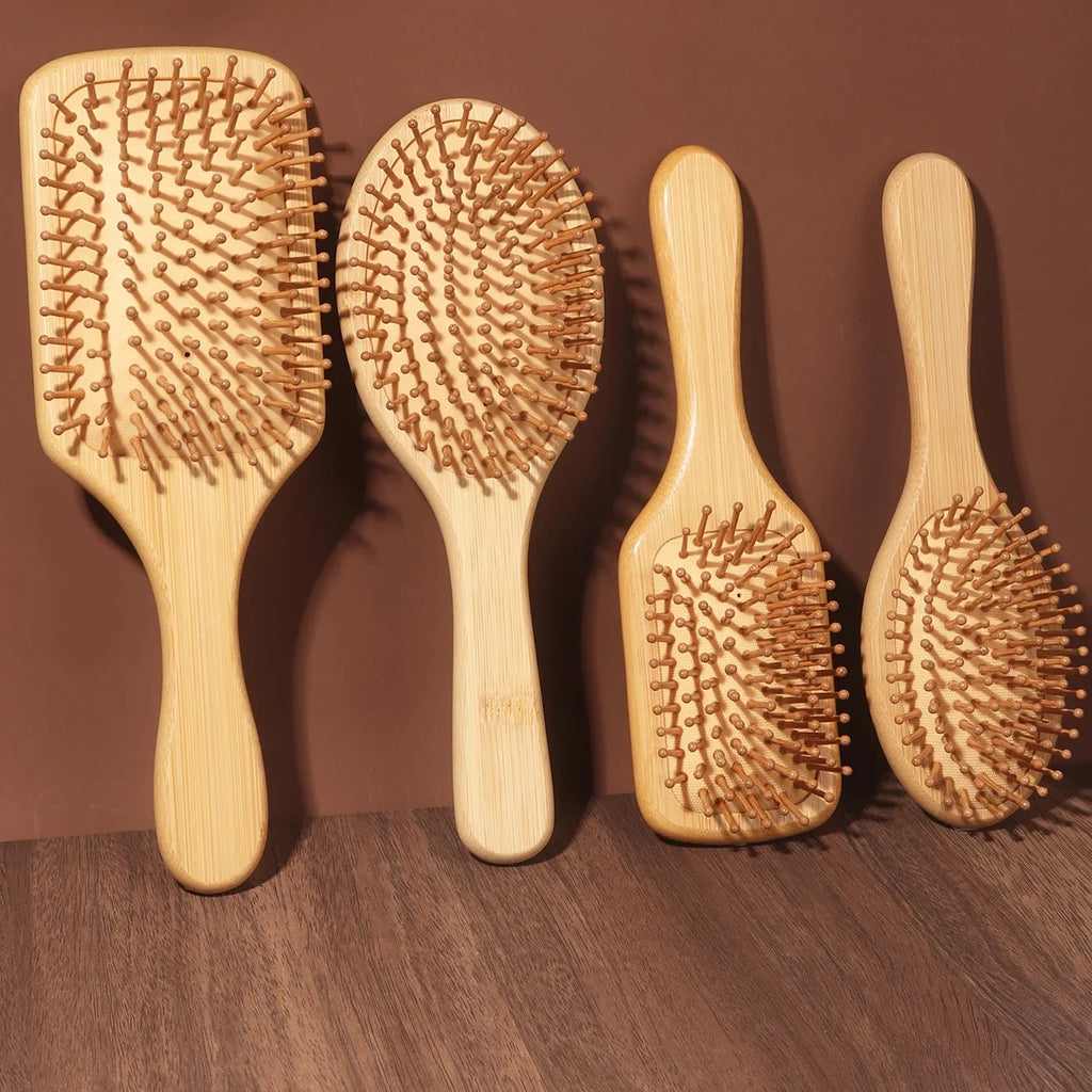 Veltora bamboo paddle comb with air cushion, anti-static, tangle-free design, ideal for scalp massage and real hair wigs