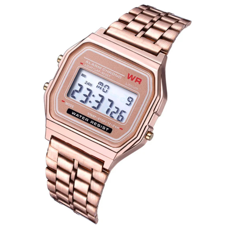 Veltora F91W digital sports watch with steel band, multi-functional LED display, electronic clock for men and women.