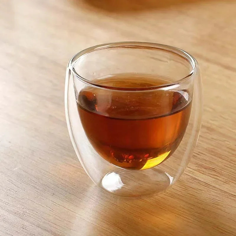 Veltora double wall insulated clear glass cup in 5 sizes, ideal for espresso, coffee, tea, milk, or whiskey drinkware.