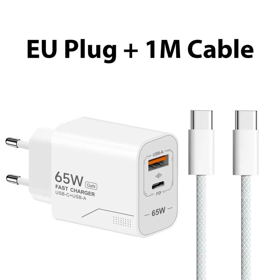 Veltora 65W GaN USB C charger with 2 ports for fast charging phones like iPhone, Samsung, Xiaomi, with EU and US plug options