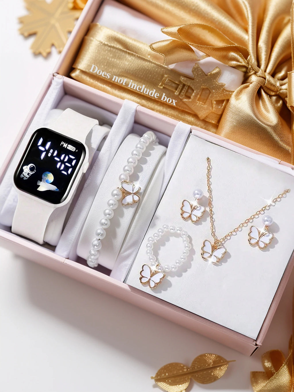 Veltora square electronic watch set featuring beaded butterfly design and spaceship pattern, ideal birthday gift, no box included