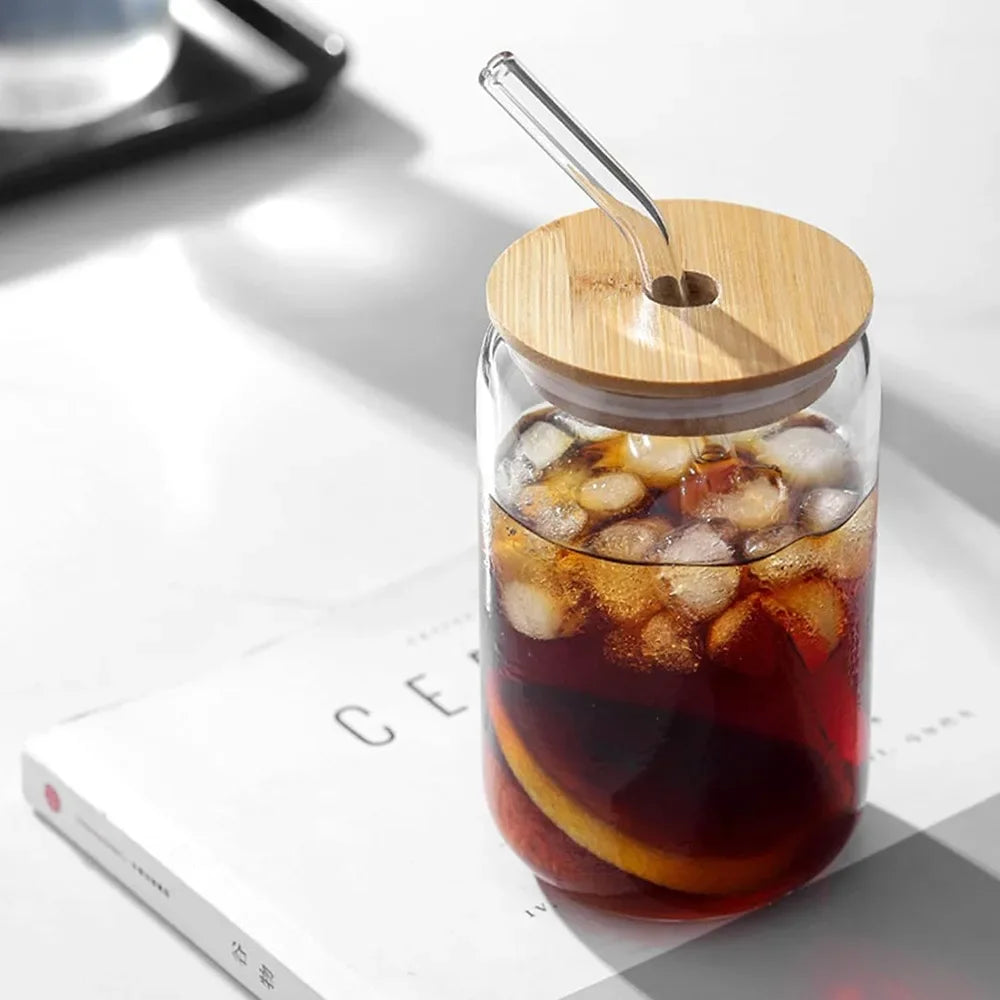 Veltora glass mason jar with bamboo lid and straw, 350ml/550ml, coffee mug or cocktail cup, beer can shape for drinks like juice or cola
