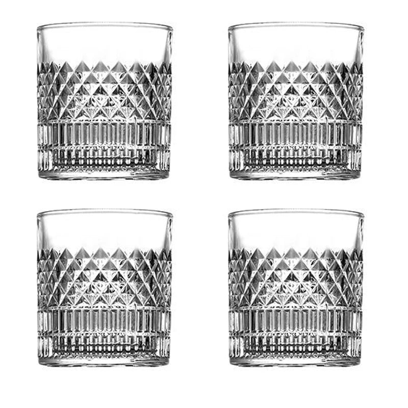 Set of transparent Veltora whiskey cups, 335ml, clear crystal glass, ideal for parties, home, or bar use.