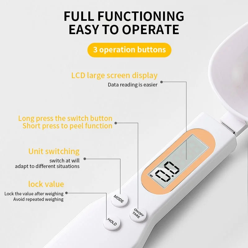 Veltora mini digital kitchen scale with LCD display, measuring food ingredients like flour, milk, coffee powder, and spices.