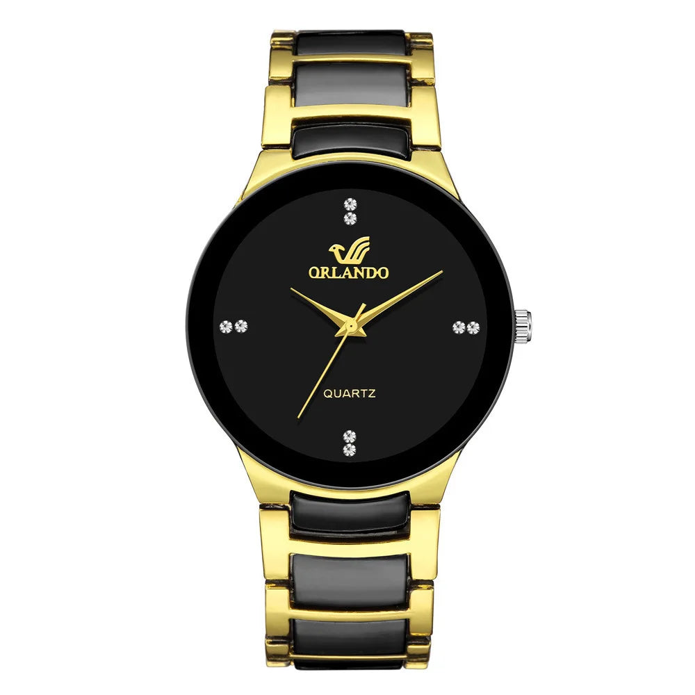 Veltora men's black dial steel quartz business watch with sleek design and durable strap, suitable for professional attire.