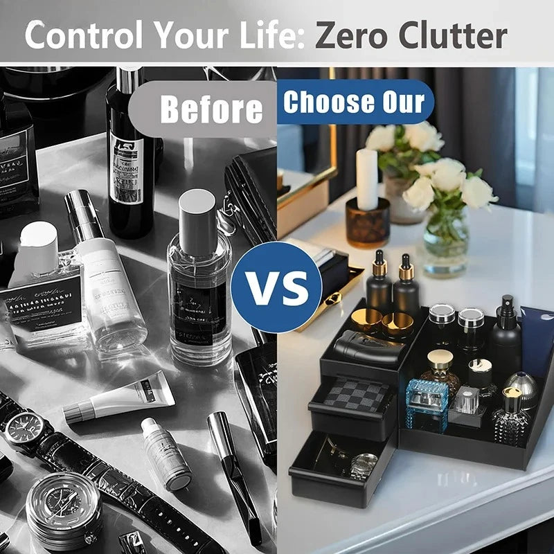Veltora men's cologne and perfume stand with drawers, bathroom organizer, modern display, non-slip dresser top storage.