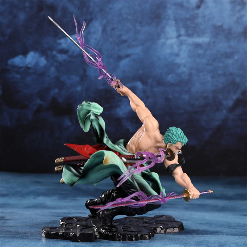 Veltora One Piece Roronoa Zoro 10cm PVC action figure with three blades, anime collectible model for kids and fans.