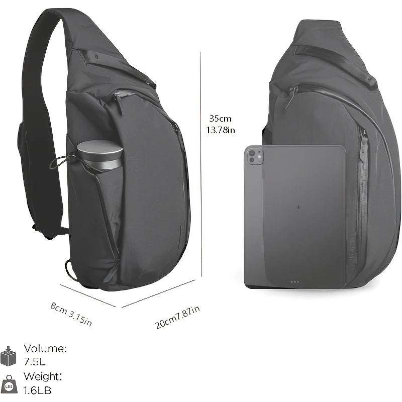 Veltora right shoulder chest bag with 7.5L capacity, water bottle pocket, suitable for 11-inch tablet, crossbody sling backpack.