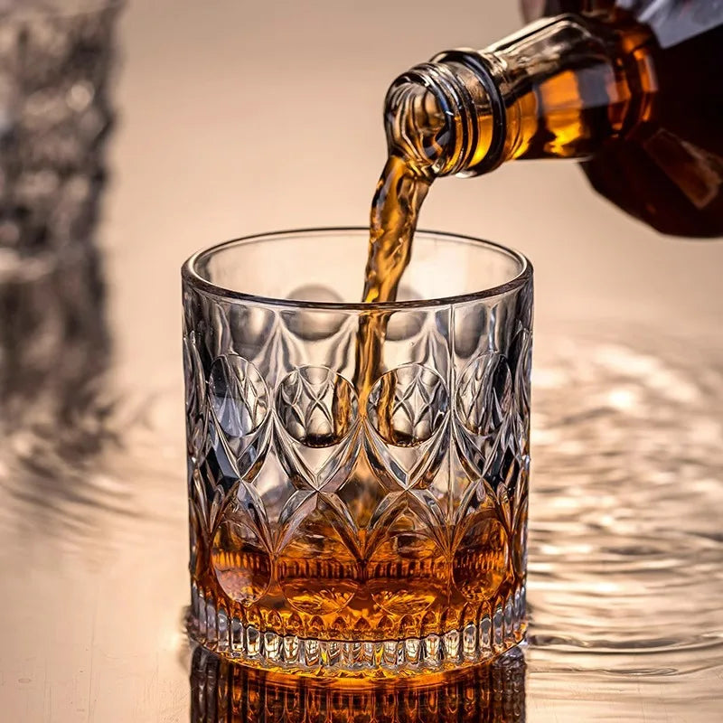 Veltora 2pcs glass whiskey cups, 330ml relief design, suitable for cocktails, iced coffee, beer, and water, household drinkware