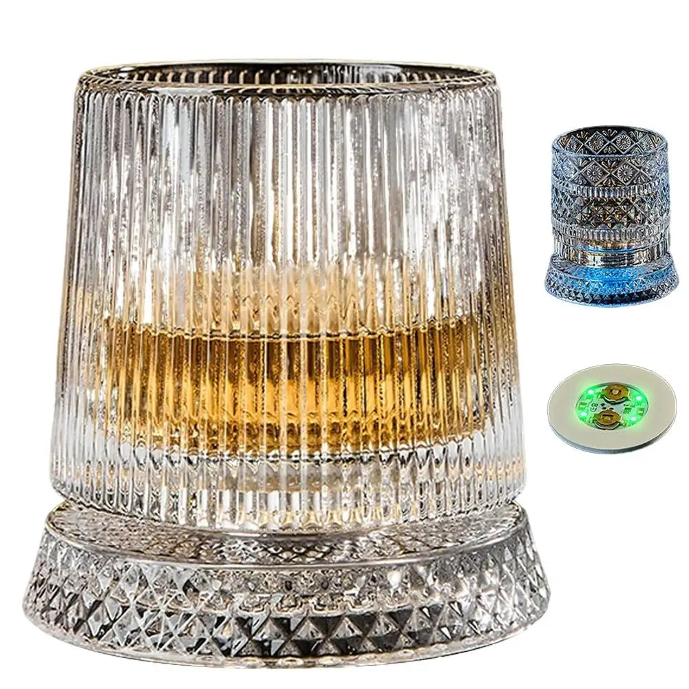 Veltora 260ML rotating whiskey glass with relief design, crystal clear beer cup, and sturdy base for straight drinks and mold wine.