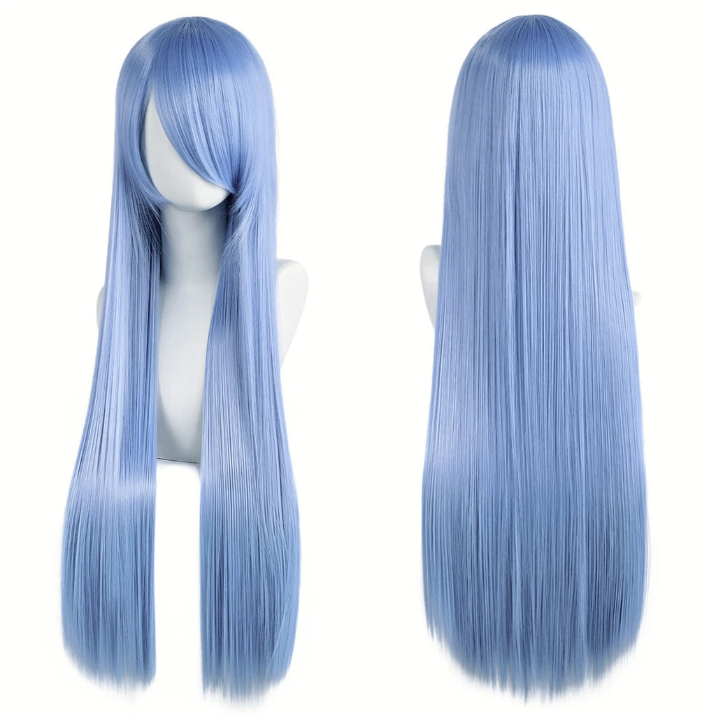 Veltora cosplay wig with long synthetic white and purple hair, green and pink accents, straight style, and bangs.