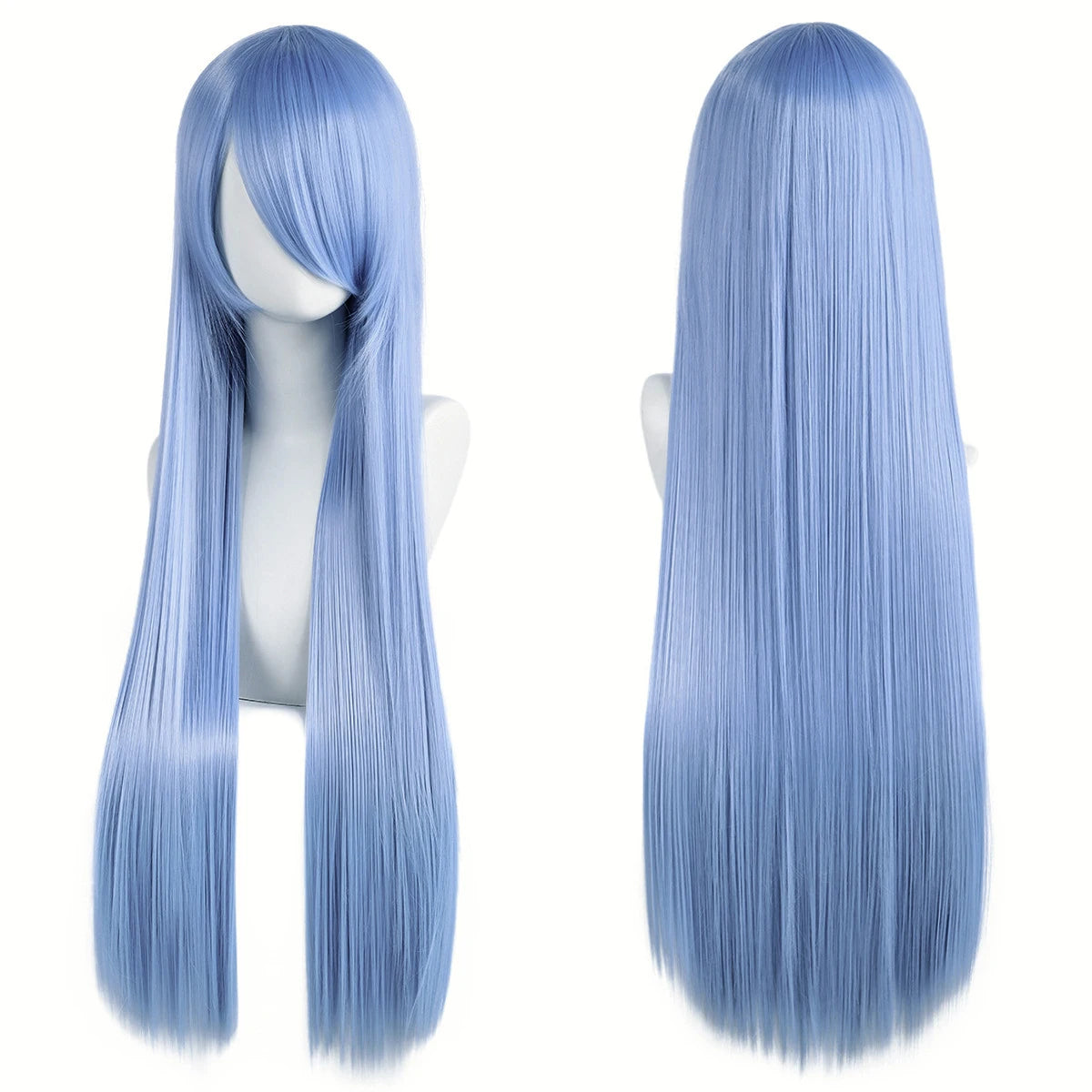 Veltora cosplay wig with long synthetic white and purple hair, green and pink accents, straight style, and bangs.