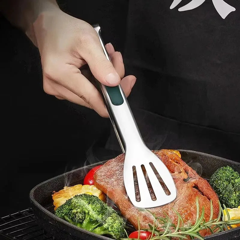 Veltora stainless steel food tongs with non-slip grip, ideal for meat, salad, bread, barbecue, and kitchen cooking tasks.