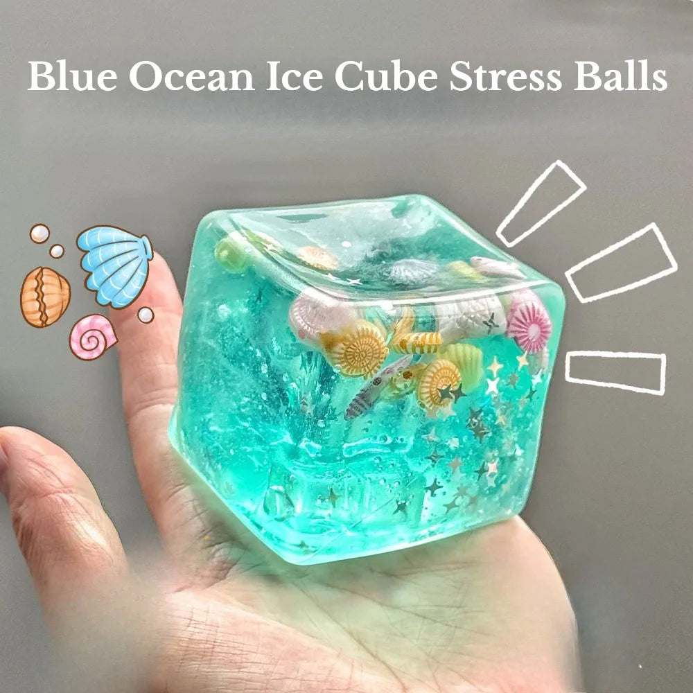 Veltora Taba Squishy Stress Ball Cube with ocean design, slow rise fidget toy for kids and adults, squeeze and relax.
