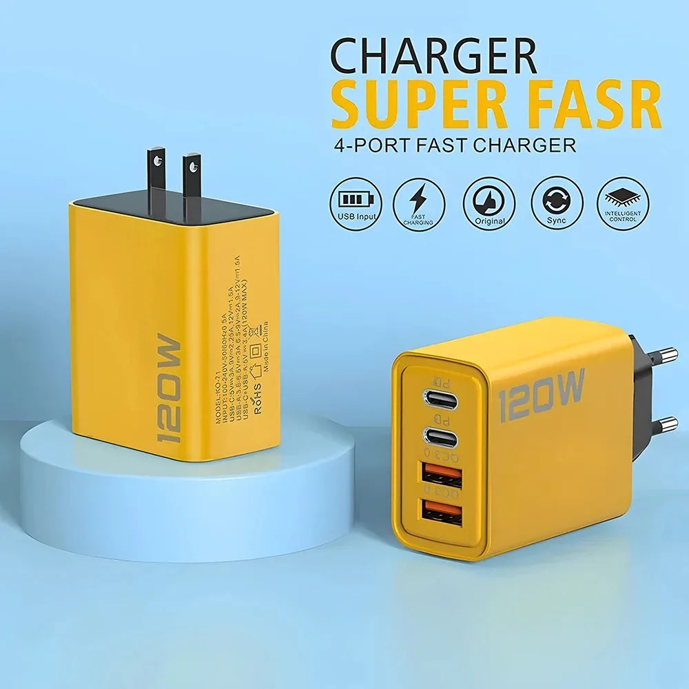 Veltora 120W USB Type C charger with four ports for fast charging smartphones like iPhone, Samsung, and Xiaomi.