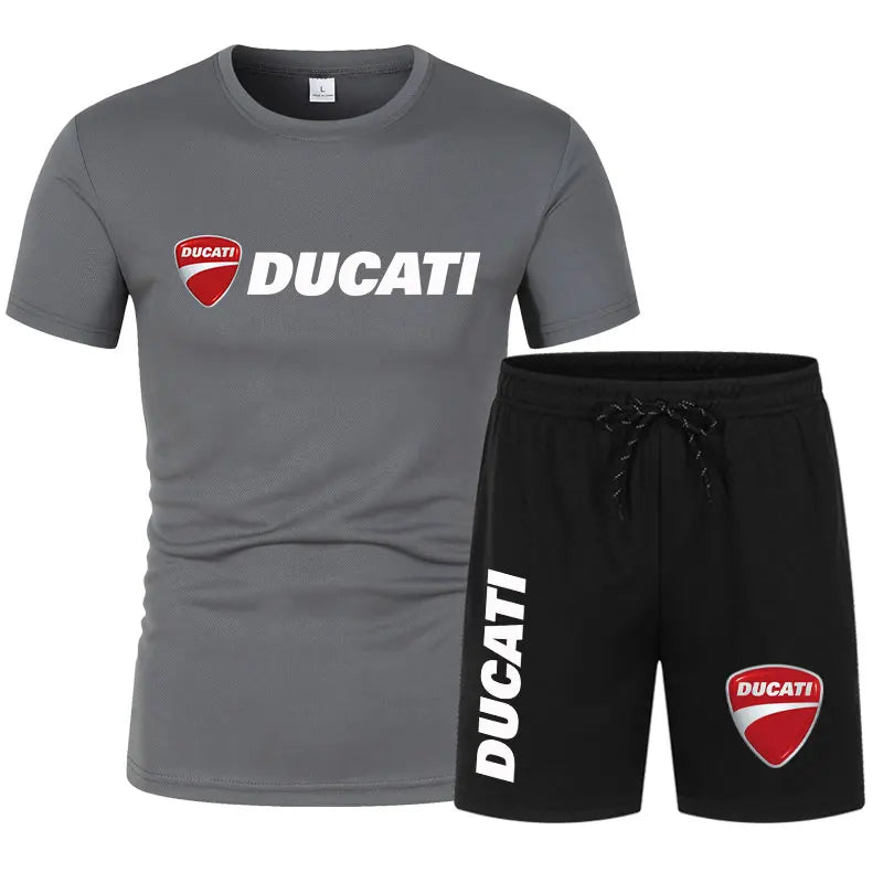 Veltora Ducati men's summer clothing set with short sleeve T-shirt and sports shorts, motorcycle-themed beachwear for outdoor jogging