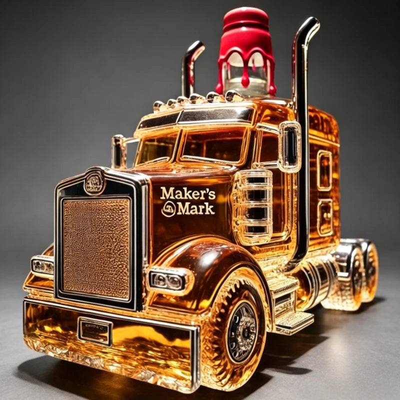 Veltora semi truck shaped glass whiskey decanter, unique bourbon bottle with detailed truck design, ideal gift for whiskey lovers