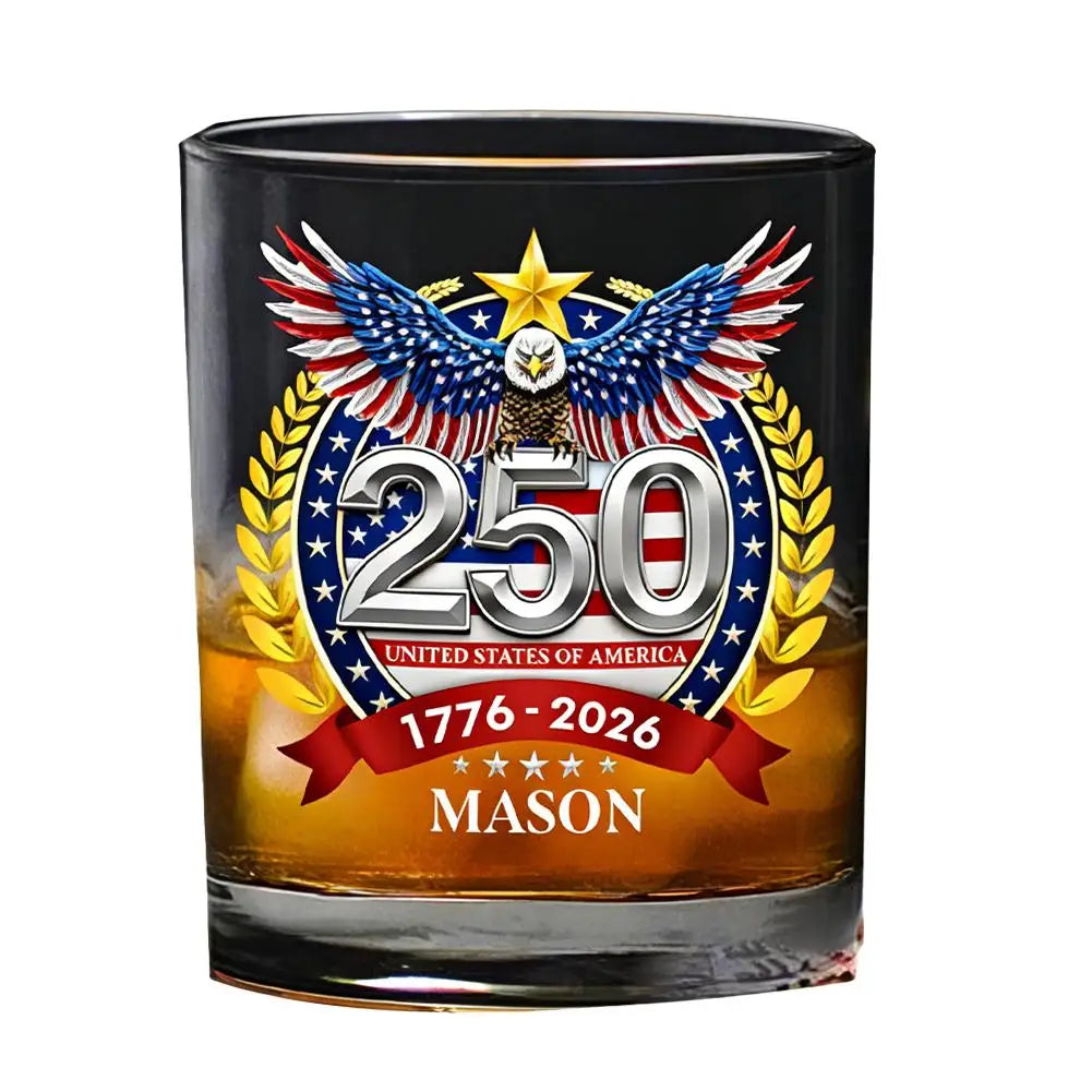 Veltora America 250th Anniversary whiskey glass with patriotic eagle design, hand-blown glassware, rotating cup for celebratory toast