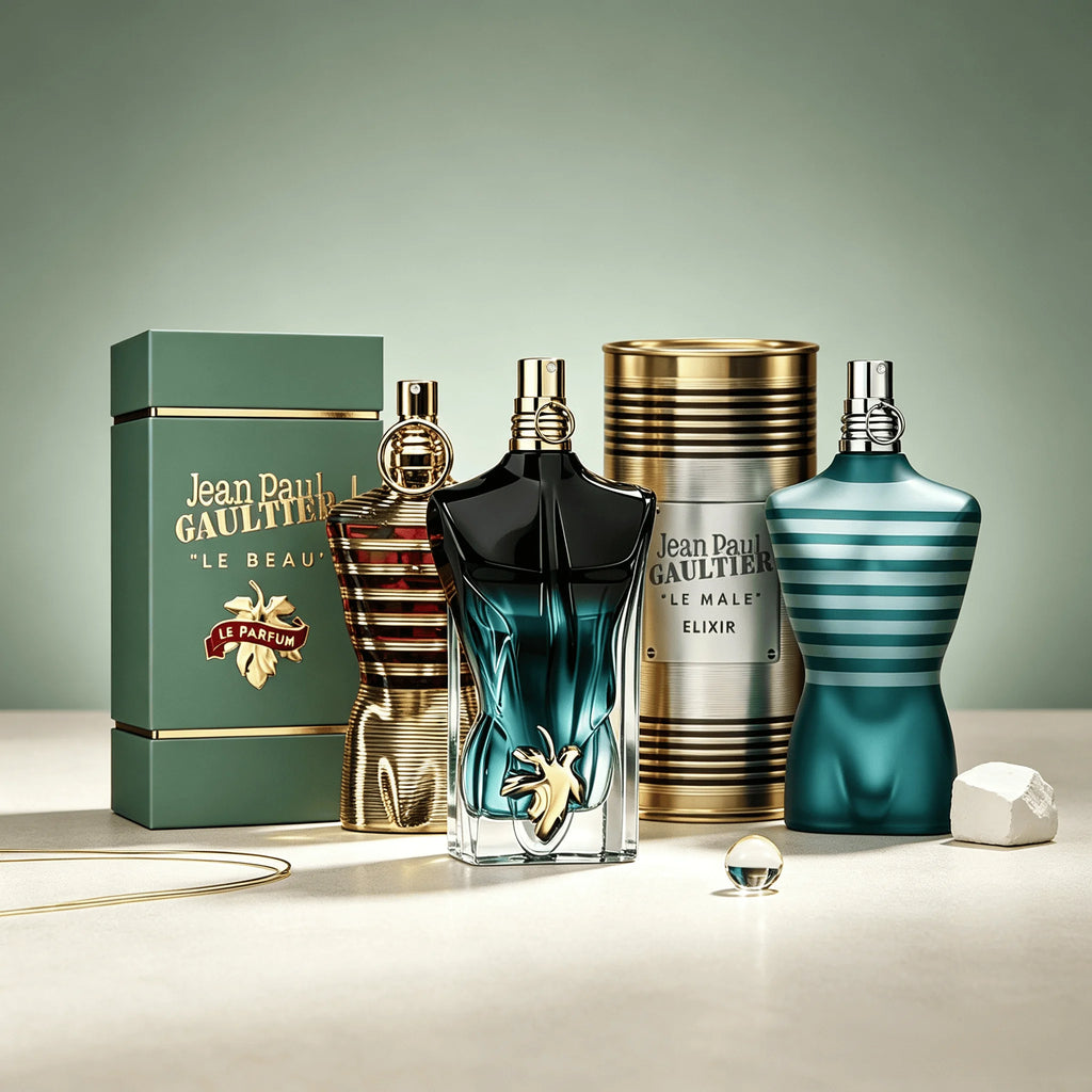 Jean Paul Gaultier Le Male Le Beau Series 3 perfume for men in iconic torso-shaped bottle, with cylindrical metal gift can.