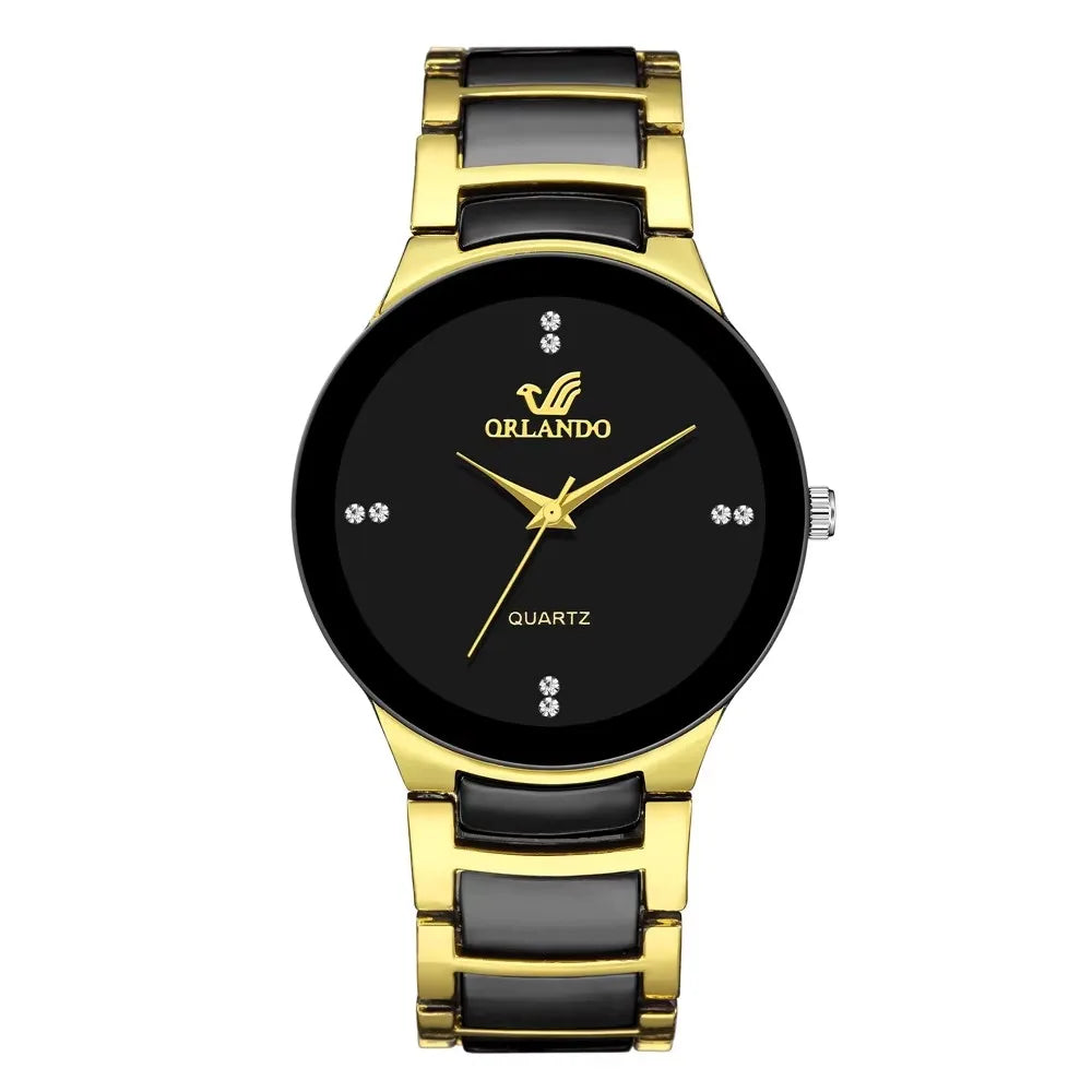 Veltora men's black dial steel quartz business watch showing the watch face and sleek design.