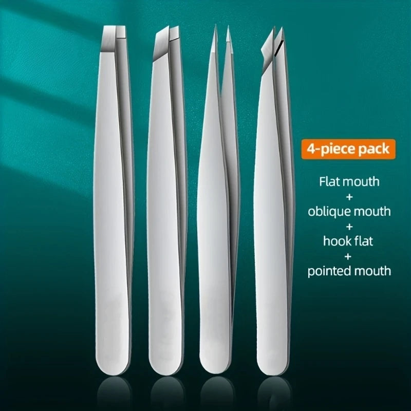 Veltora Ouriner eyebrow tweezers set with four stainless steel forceps for facial hair grooming and ingrown hair removal.