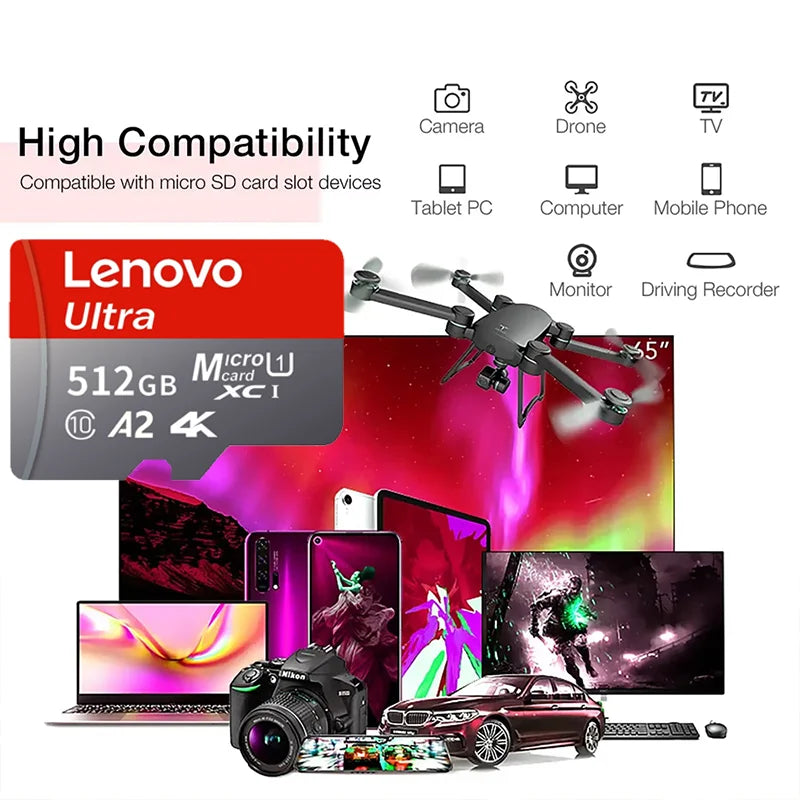 Veltora Lenovo 512GB micro SD memory card for 4K video, compatible with phones, GoPro, action cameras, and other devices.