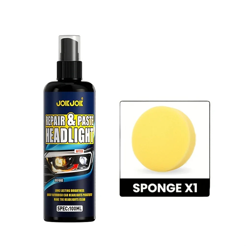 Veltora 100ml car headlight restoration spray bottle with clear liquid, designed for polishing and repairing automotive headlights.