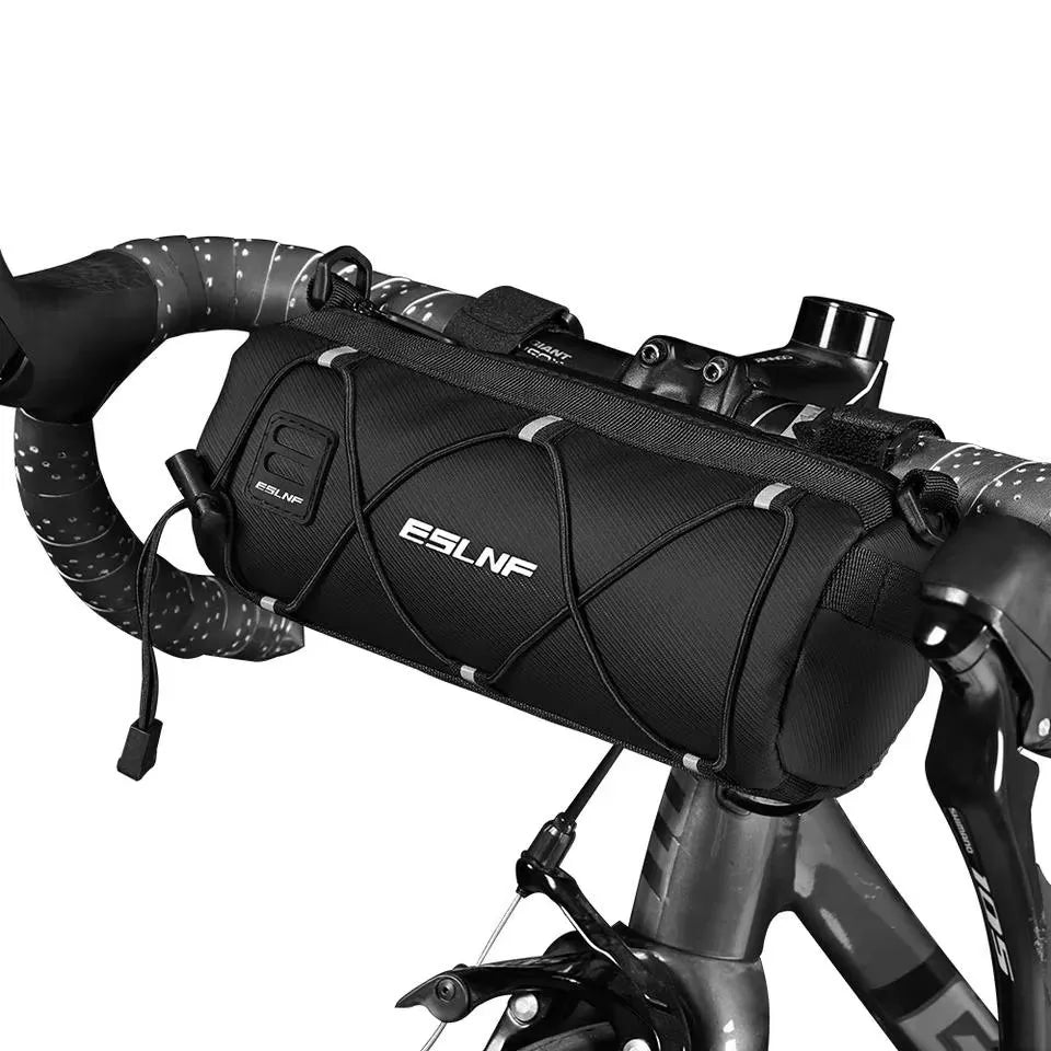 Veltora waterproof road bicycle handlebar bag mounted on MTB, showing its compact, multifunctional design for outdoor cycling.