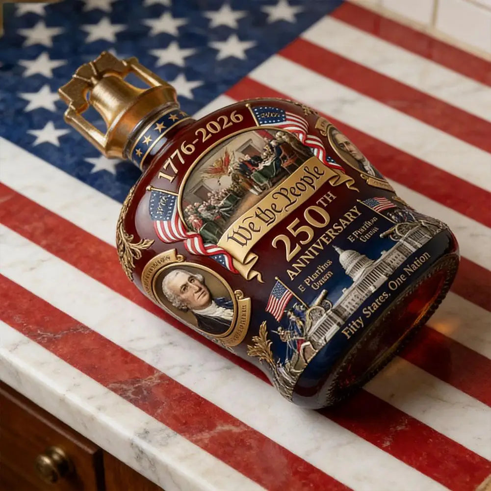 Veltora U.S. 250th Anniversary commemorative whiskey bottle and water cup for collection, featuring patriotic design and detailed craftsmanship.