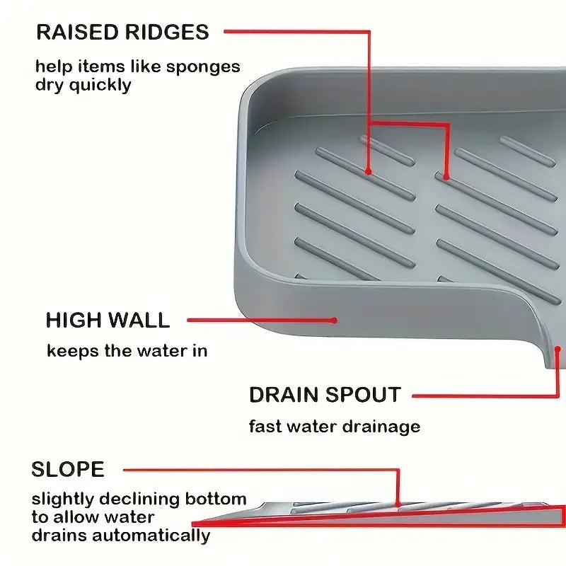 Veltora silicone kitchen sink faucet mat with soap dispenser, sponge drain pad, and drying tray for countertop sink organization.