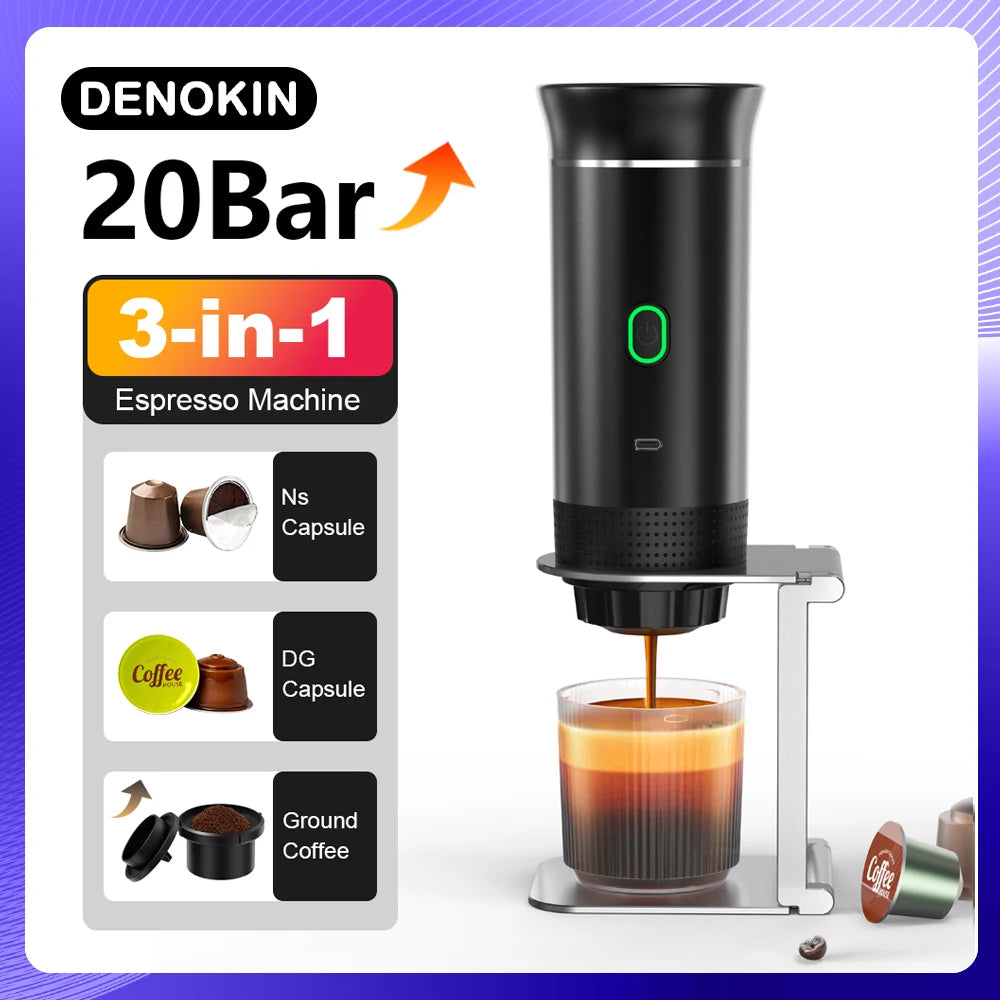 Veltora wireless portable espresso coffee machine for car, home, and camping, featuring 3-in-1 capsule and powder brewing options.