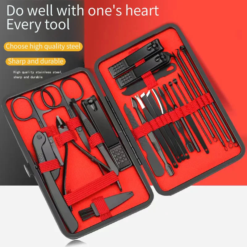 Veltora nail clipper set with manicure, pedicure, ear peeling, and nail trimming tools on a white background.