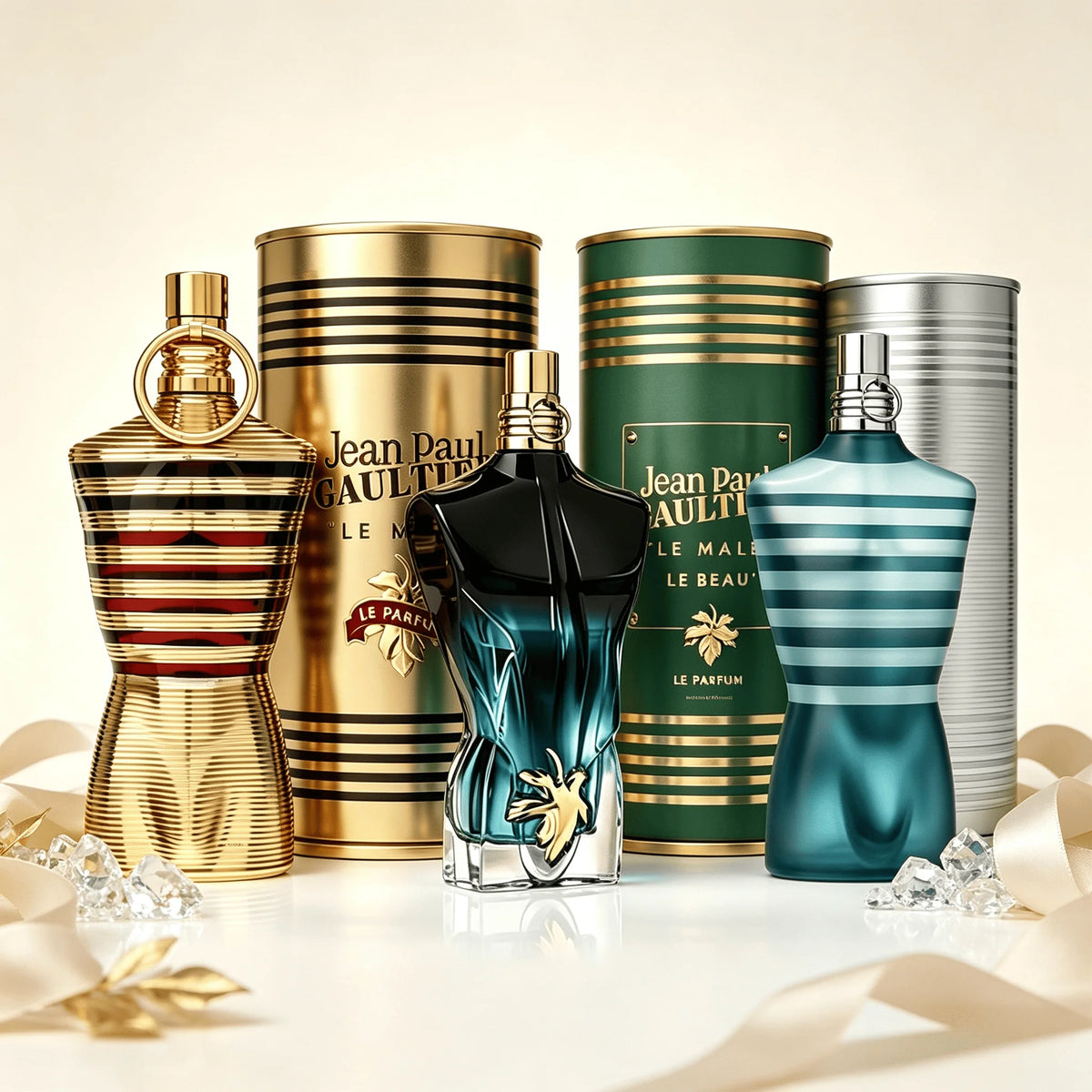 Jean Paul Gaultier Le Male Le Beau Series 3 perfume for men in iconic torso-shaped bottle, with luxury cylindrical metal gift can.