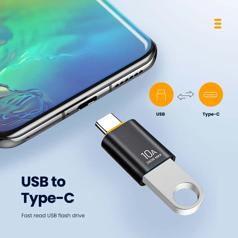 Veltora 10A OTG USB 3.0 to Type C adapter showing USB female port and Type C male connector for fast charging and data transfer