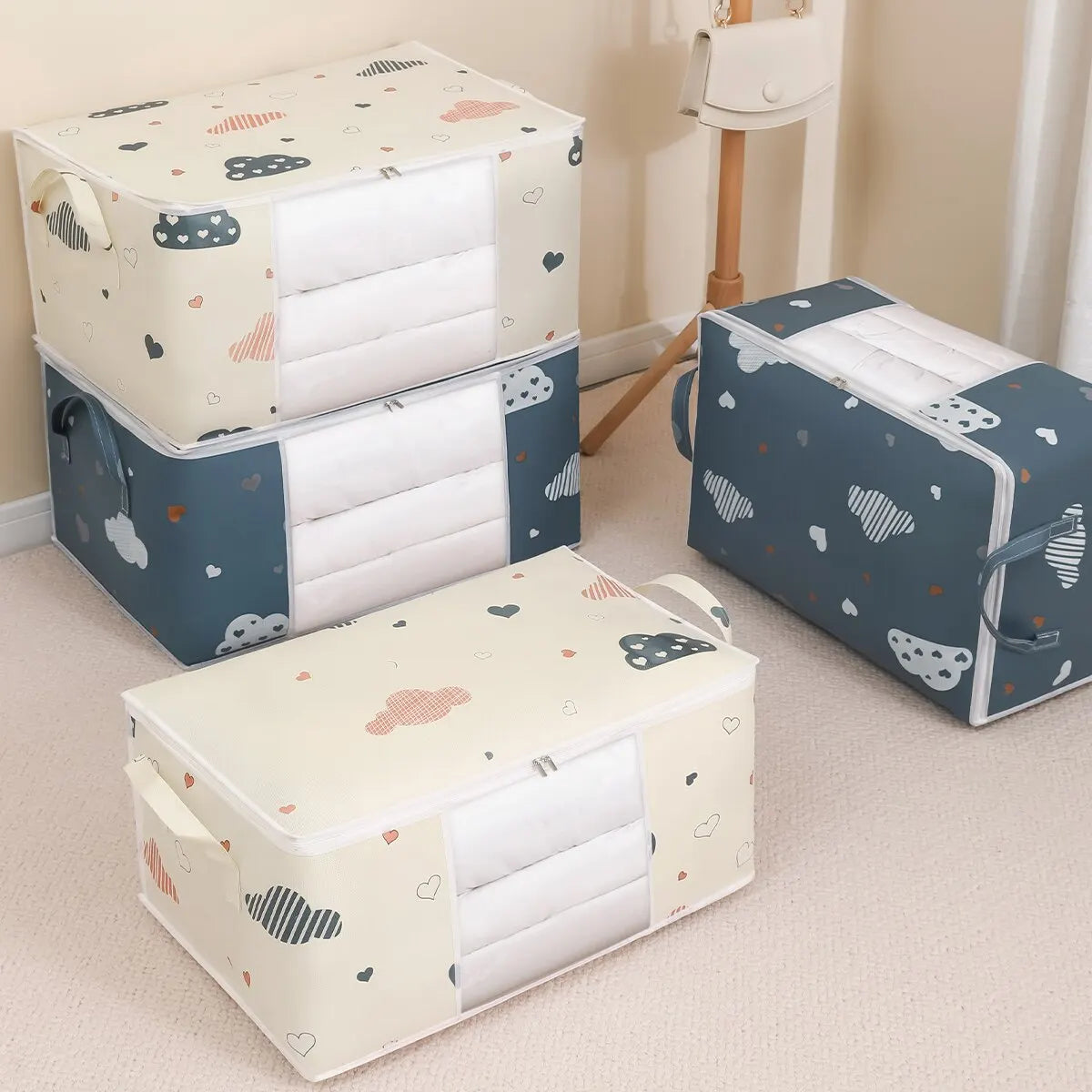 Veltora large capacity clothes storage bag with reinforced handle, sturdy zipper, ideal for blankets and bedding, foldable and durable.