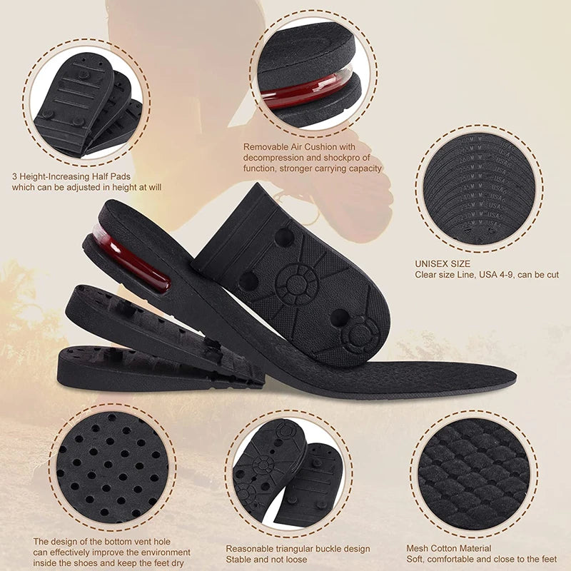 Veltora height increase insoles with air cushion lifts, adjustable for men and women, providing 3-9cm taller height.